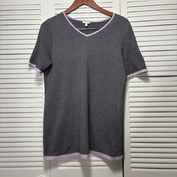 Talbots Striped Contrast Trim Short Sleeve Sweater Top Black & Lavender 1X - Picture 1 of 7